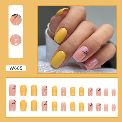 Sunny Blossom Square Press On Nails – 24 Piece Yellow & Pink Floral Accent Set