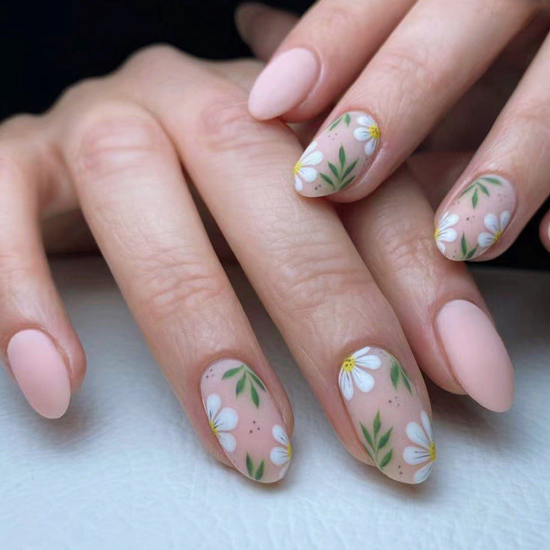 Spring Floral, Matte Pink with White Daisy Design, Almond Shape, Press-On Nails