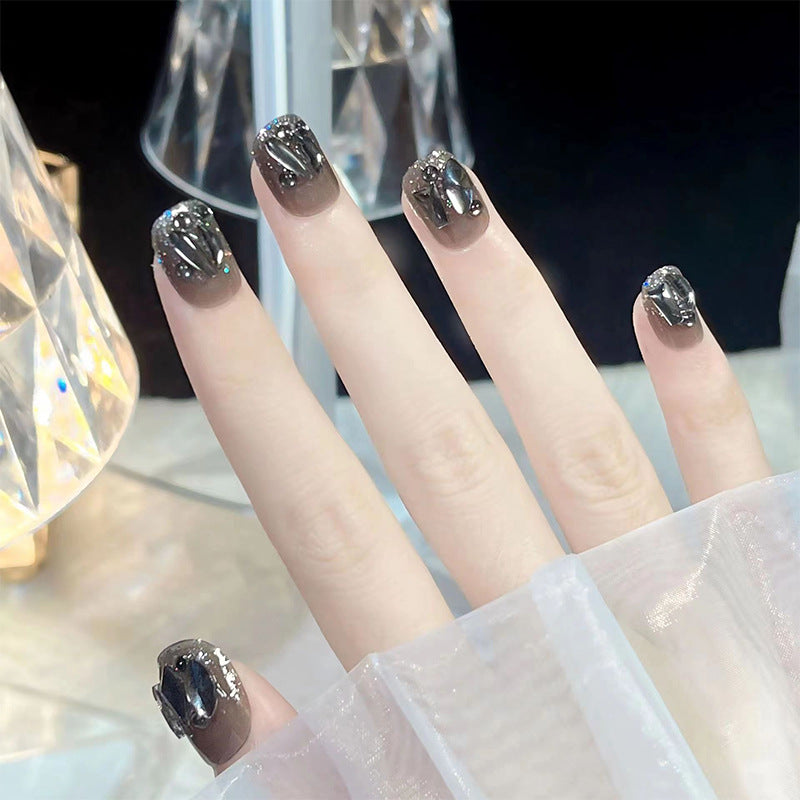 Grey Marble Effect, Glitter Accent False Nails, Square Short Length, Press-On Nails