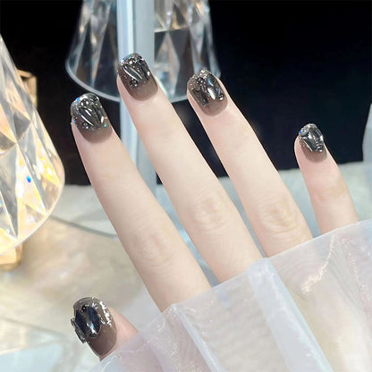 Short Oval Press-On Nail Set – Smoky Gray Cat Eye with 3D Black Gem Design | Glossy Reusable False Nails (Set of 12-Piece )