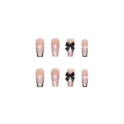 Black French Glitter Coffin Press-On Nails – 3D Bow & Rhinestone Glam Nail Set (Set of 12)