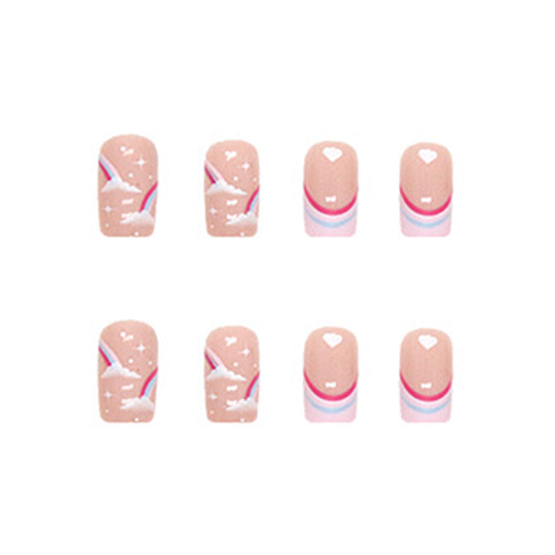 Pink Cloud Heart Press-On Nails with French Tips | 24-Piece Reusable Glossy Nail Set