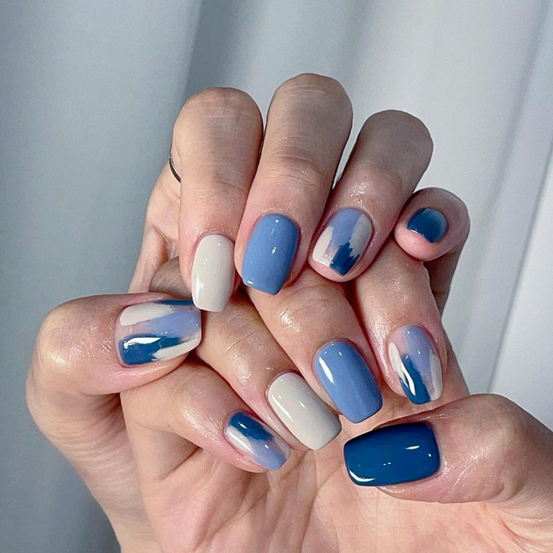 Gradient Blue and White Nail Art, Mixed Design Manicure Set, Square Tips, Press-on Nails