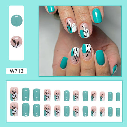 Square shape Press-On Nail Set – Teal Botanical Leaf Nails | Glossy Reusable False Nails (Set of 24)