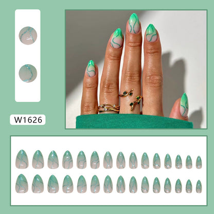 24-Piece Green Swirl Almond Press-On Nails – Glossy Nude French False Nails with Abstract Wave Design | Reusable Stick-On Nail Set