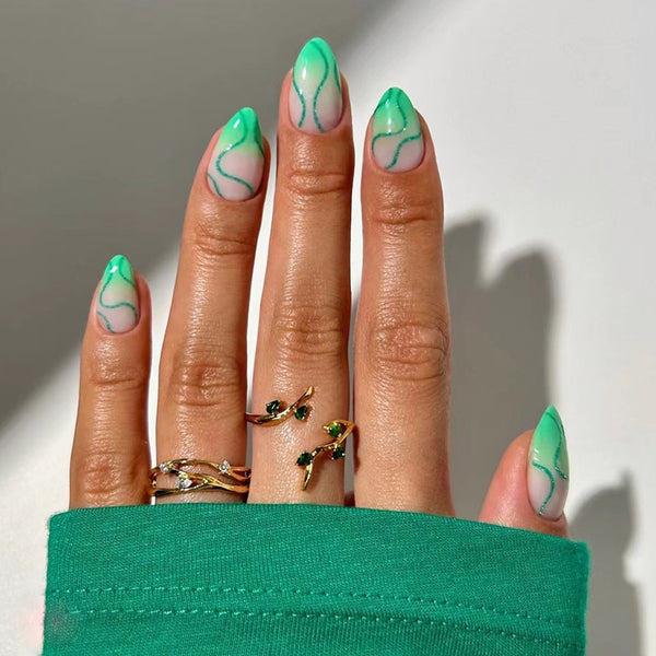 24-Piece Green Swirl Almond Press-On Nails – Glossy Nude French False Nails with Abstract Wave Design | Reusable Stick-On Nail Set