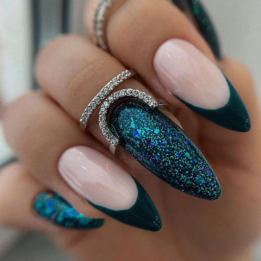French Tips with Black Tips and Blue Glitter Accent, 24 Pieces, Stiletto Shape, Press on Nails