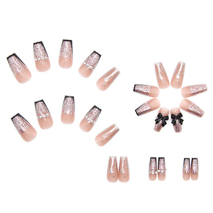 Black French Glitter Coffin Press-On Nails – 3D Bow & Rhinestone Glam Nail Set (Set of 12)