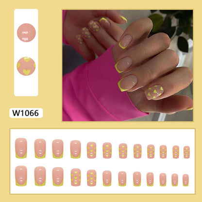 Neon Yellow French Tip Square Press-On Nails – Glossy Nude Summer Heart Nail Set (Set of 24)