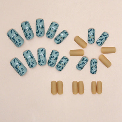 Sage Blue Botanical Press-On Nails – Matte Oval Floral Nail Set (Set of 24)