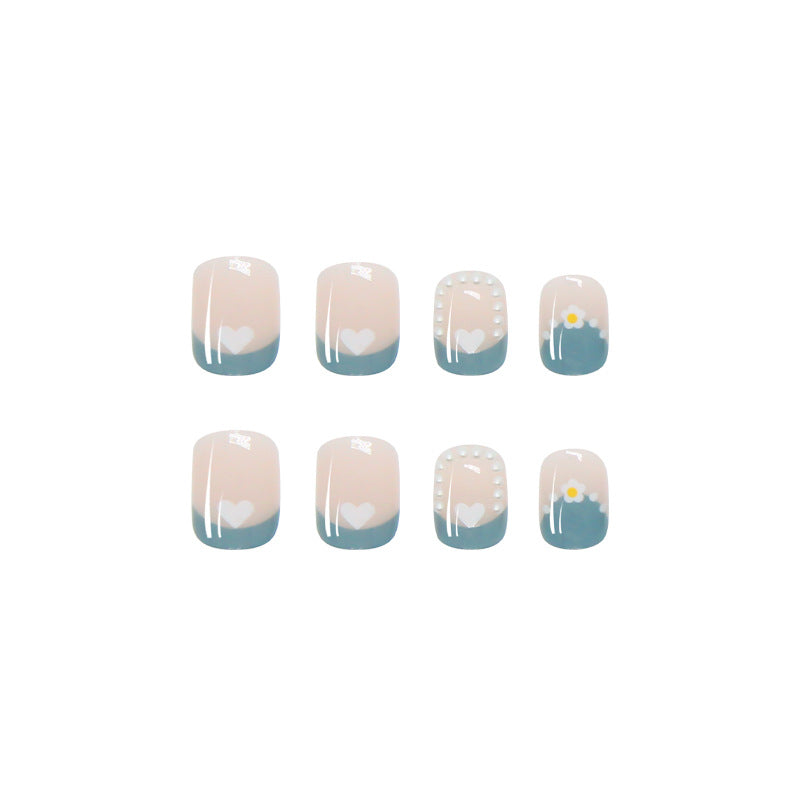 Pearl Design with Blue French Tips, Elegant Floral Pattern, Artificial Press-On Nails