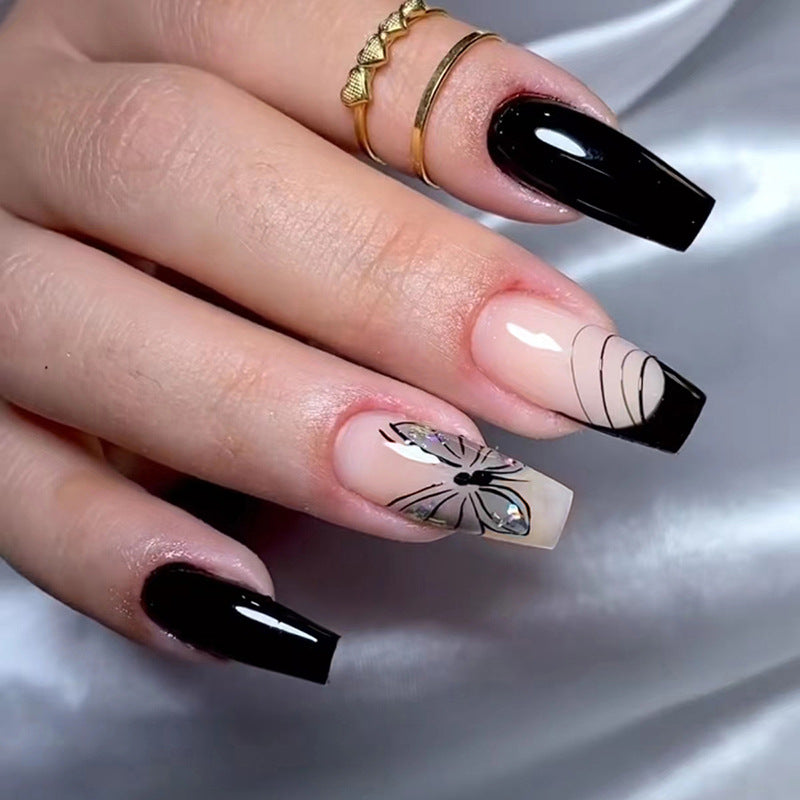 Long Coffin Shape, Black and Nude with Butterfly Design, Glossy Finish, Press on Nails