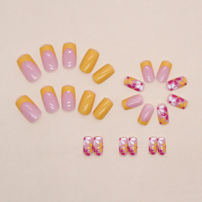 Sunset Bloom Square Press-On Nails – 24 Piece Glossy Floral Summer Set