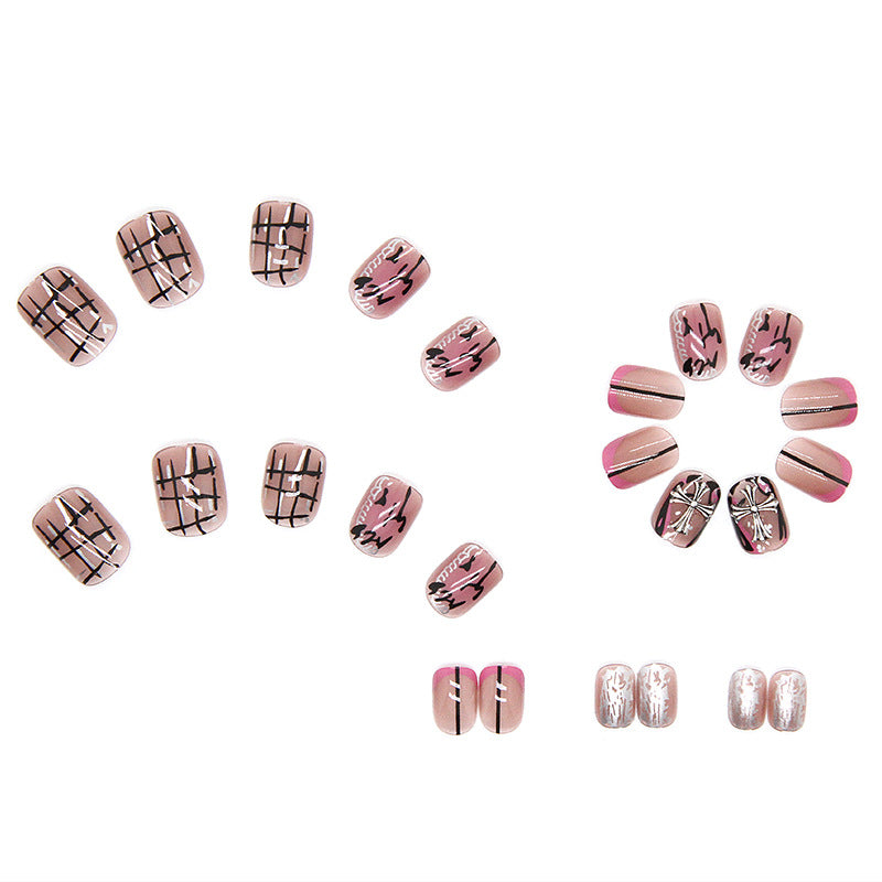 Gothic Cross Design, Pink and Silver Metallic Art, Press-On Nails