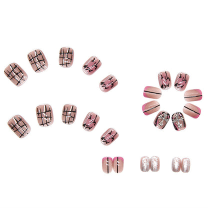 Pink Chrome Bow Short Square Press-On Nails – Metallic Ribbon & Abstract Glam Nail Set (Set of 12)