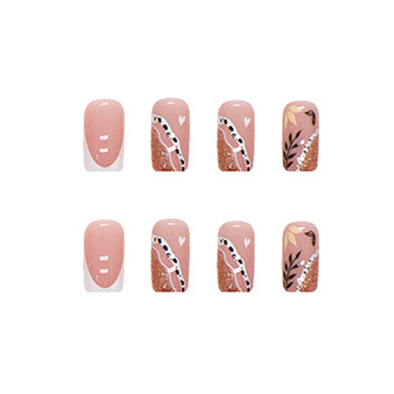 Rose Gold Glitter Design with Floral Pattern, White Tips, Professional Manicure Set, Press on Nails