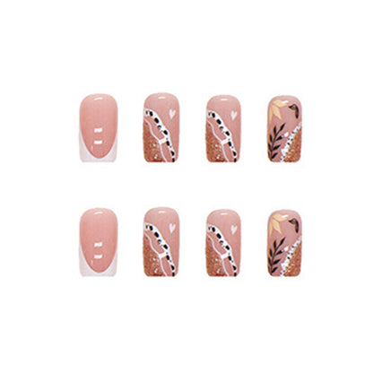 Medium Square French Tip Botanical Press-On Nails – 24 Piece Nude Pink & Rose Gold Nail Set