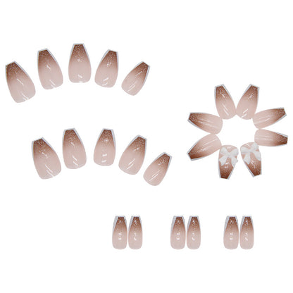 Nude Glitter French Tip Coffin Press-On Nails – 3D White Bow Glossy Nail Set (Set of 12)