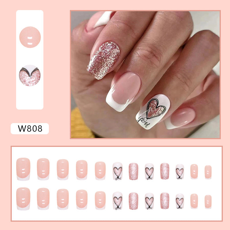 Nail Art Set, French Manicure Design with Pink Glitter and Heart Pattern, Press on Nails