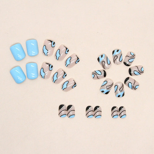 Abstract Nail Art Design, Matte Blue and Nude with Gold Accents, Modern Wave Pattern, Press on Nails