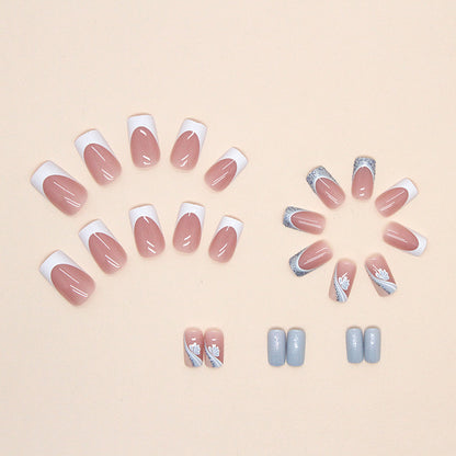 Medium Square Press-On Nail Set – Pink French Tips with Blue Glitter & Floral Accent | Glossy Reusable False Nails (Set of 24)
