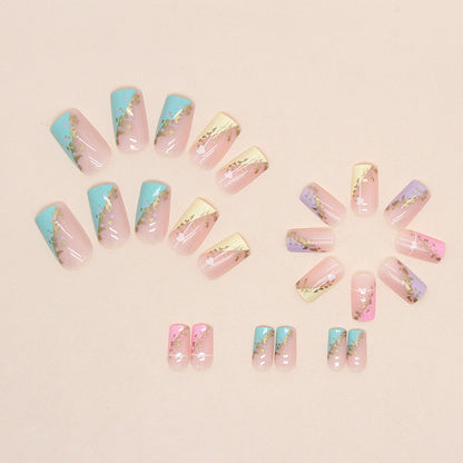 Square Press-On Nail Set – Pastel Pink Gradient with Gold Foil & Butterfly Accents | Glossy Reusable False Nails (Set of 24)