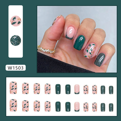 Emerald Green Botanical Press-On Nails – Glitter French Tip Square Nail Set (Set of 24)
