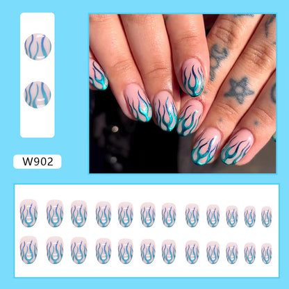 Teal Flame Almond Press On Nails – 24 Piece Metallic Flame French Tip Nail Set