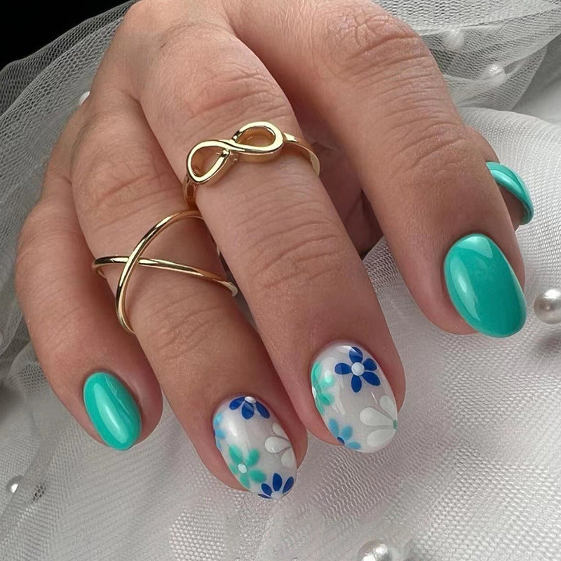 Turquoise and Floral Design, Blue and White Pattern, 24 Pieces, Artificial Press-On Nails