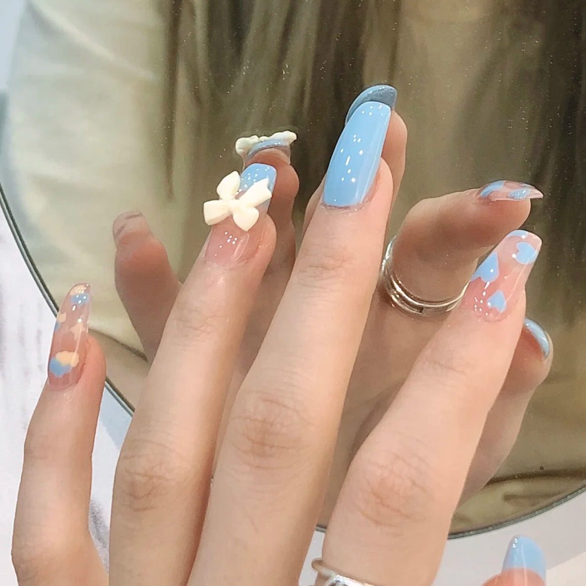 Light Blue Cloud Design with White Bow, Long Coffin Shape, Press on Nails