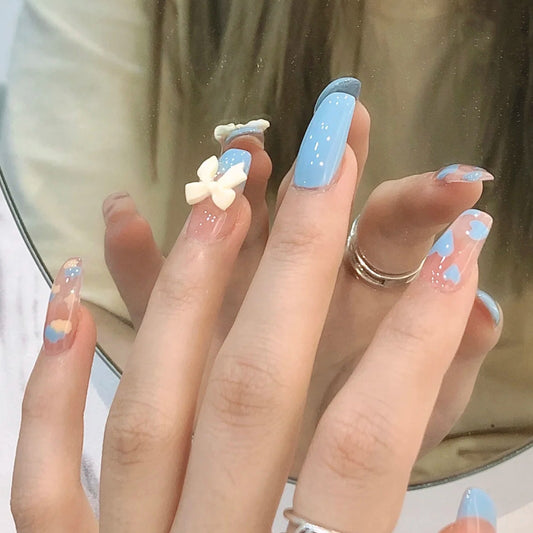 Light Blue Cloud Design with White Bow, Long Coffin Shape, Press on Nails