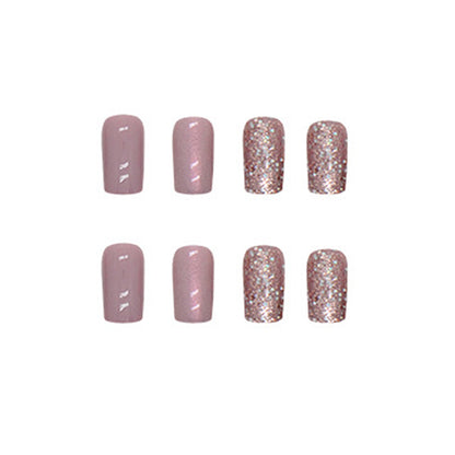 Glossy Pink Glitter Square Press-On Nails – Iridescent Chrome Nail Set (Set of 24)