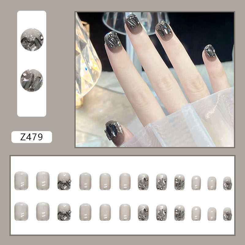 Grey Marble Effect, Glitter Accent False Nails, Square Short Length, Press-On Nails