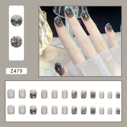 Short Oval Press-On Nail Set – Smoky Gray Cat Eye with 3D Black Gem Design | Glossy Reusable False Nails (Set of 12-Piece )