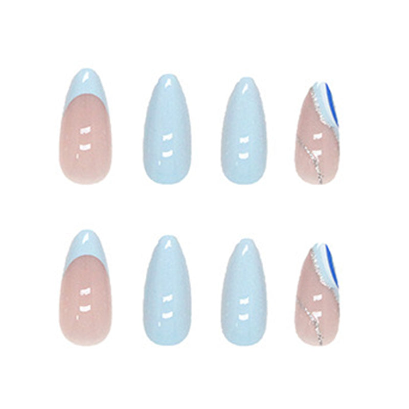 Light Blue and Beige French Tips, Stiletto Shape, 24 Pieces, Artificial Press-On Nails