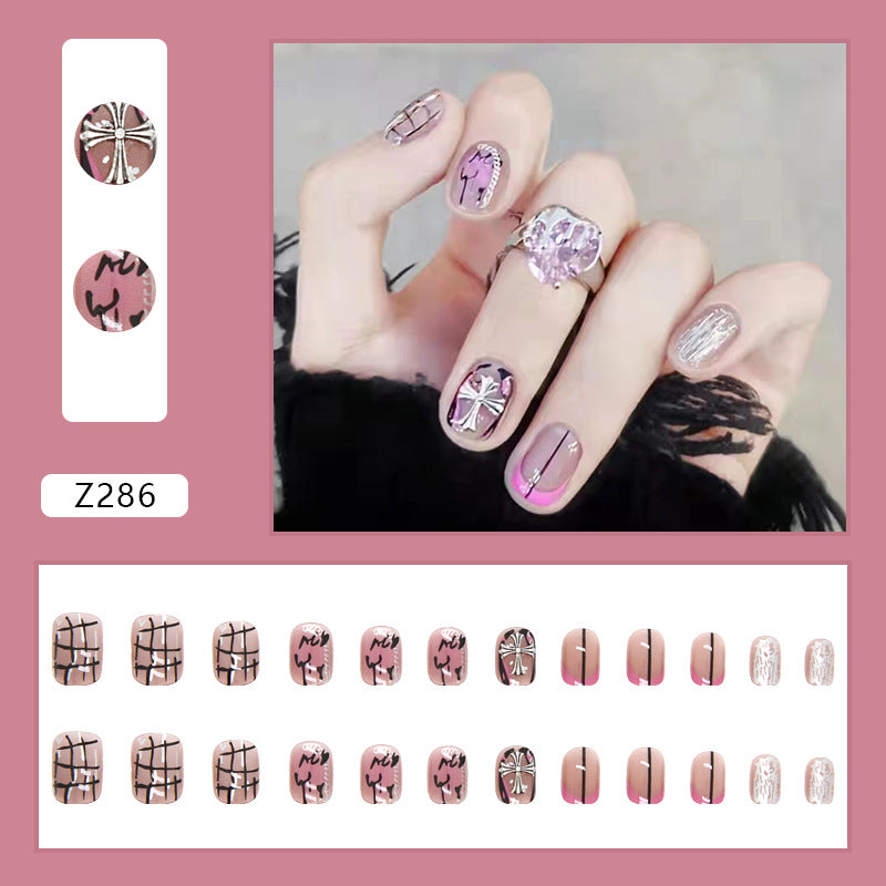 Gothic Cross Design, Pink and Silver Metallic Art, Press-On Nails