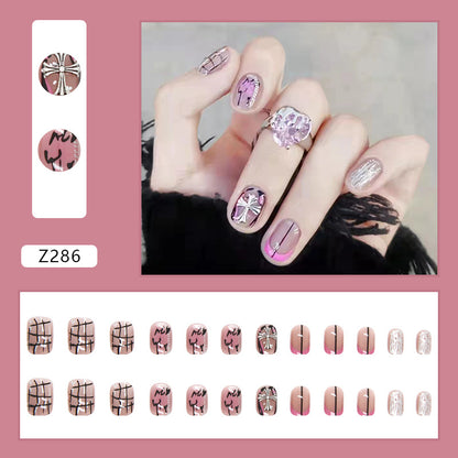 Pink Chrome Bow Short Square Press-On Nails – Metallic Ribbon & Abstract Glam Nail Set (Set of 12)