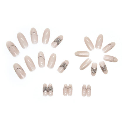 Almond Press-On Nail Set – Nude Shimmer French Tips with Black Butterfly Accent | Glossy Reusable False Nails
