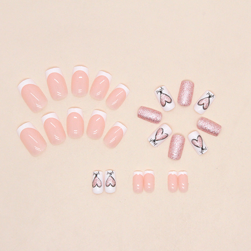 Nail Art Set, French Manicure Design with Pink Glitter and Heart Pattern, Press on Nails