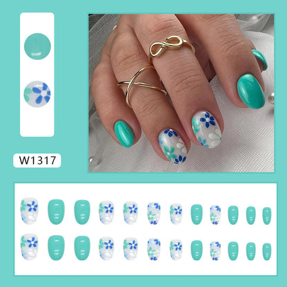 Turquoise Blue Floral Almond Press-On Nails – Glossy Daisy Spring Nail Set (Set of 24)