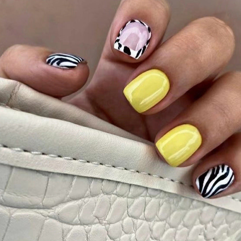Mixed Pattern, Yellow and Zebra Print Design, Animal Print Manicure Set, Press-On Nails