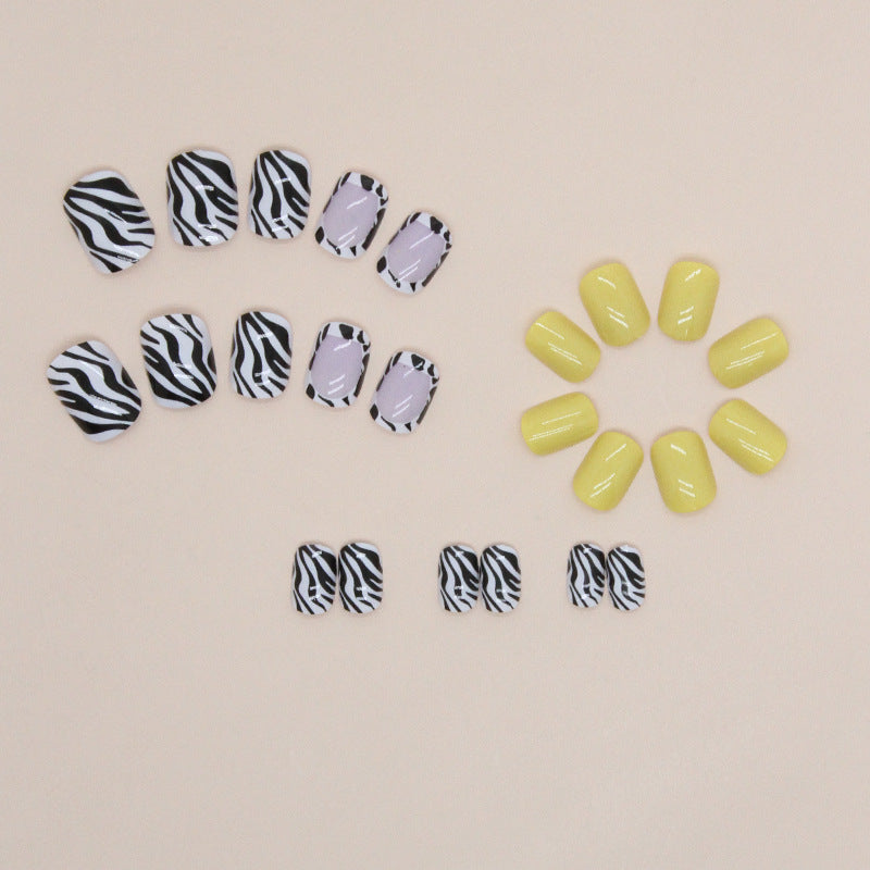 Mixed Pattern, Yellow and Zebra Print Design, Animal Print Manicure Set, Press-On Nails