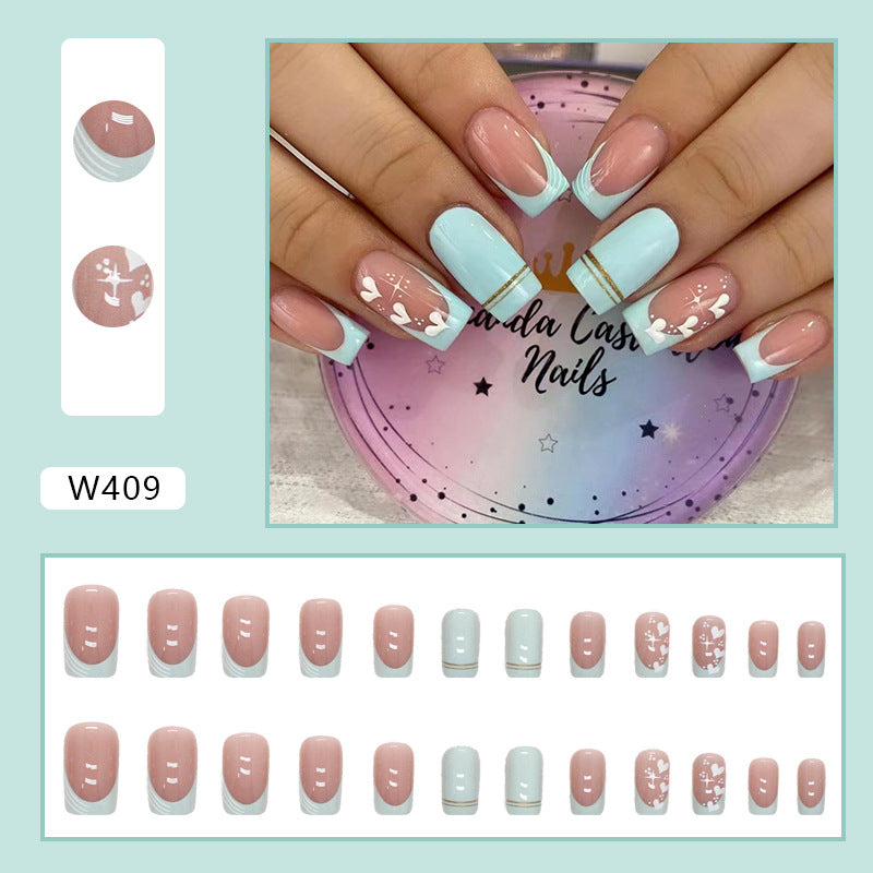 French Tip Nail Art Set, Mint Blue and Pink Design, Floral Pattern with Gold Line Accent, Press on Nails