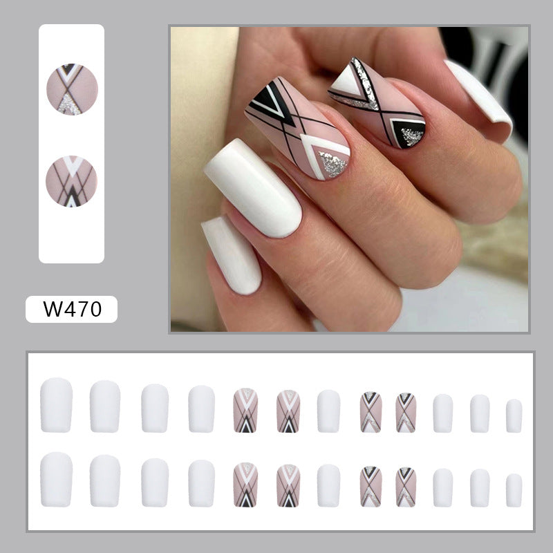 Geometric Nail Art Design Set, White and Pink with Black Lines, Silver Glitter Accents, Long Square Tips, Press on Nails
