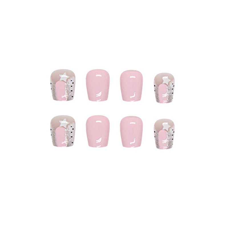 Star Pattern, Pink and Silver Glitter Design, Artificial Nail Art Set, Press-On Nails