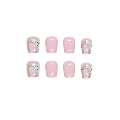 Pink Star Glitter Square Press-On Nails – Glossy Silver Sparkle Nail Set (Set of 24)