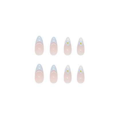 Sky Blue Daisy French Tip Press-On Nails – 24 Piece Glossy Stiletto Nail Set