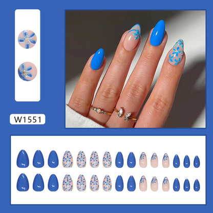 24-Piece Blue Floral Almond Press-On Nails – Glossy French Tip False Nails with Daisy Design | Reusable Stick-On Nail Set
