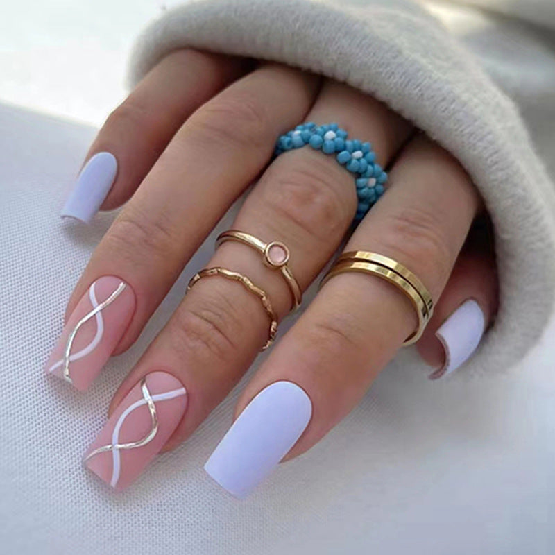 Matte Blue and Pink with White Line Pattern, 24 Pieces, Press on Nails
