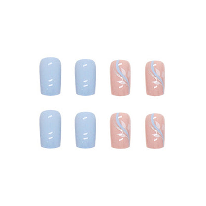 Sky Blossom Square Press On Nails – 24 Piece Blue & Pink Floral Glitter Set